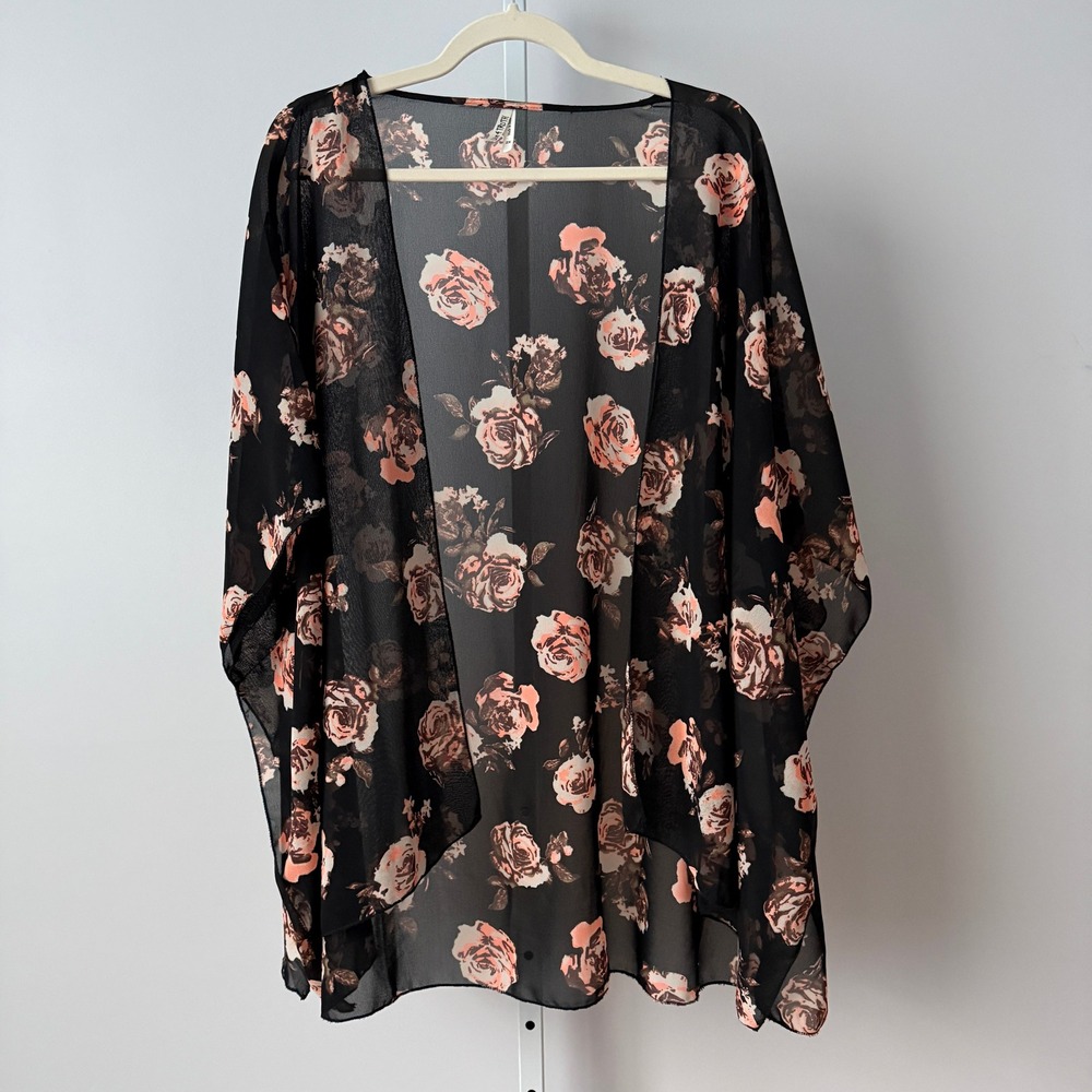 Live 4 Truth 2X‎ Black Floral Kimono Flowy Beachy Relaxed Shabby Festival Sheer